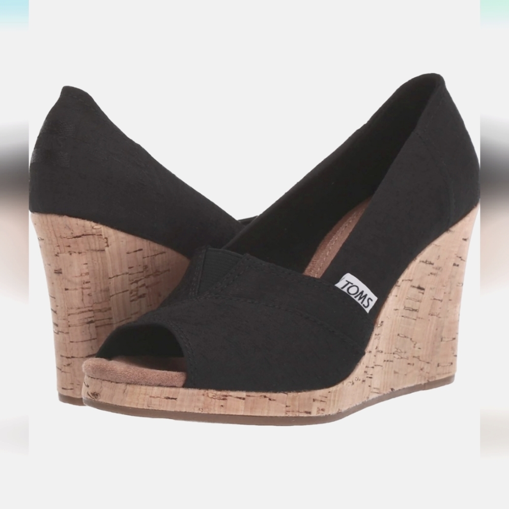 Women's Shoes Size 9.5 TOMS Brand Michelle Peep Toe Wedge Heel Black Canvas
